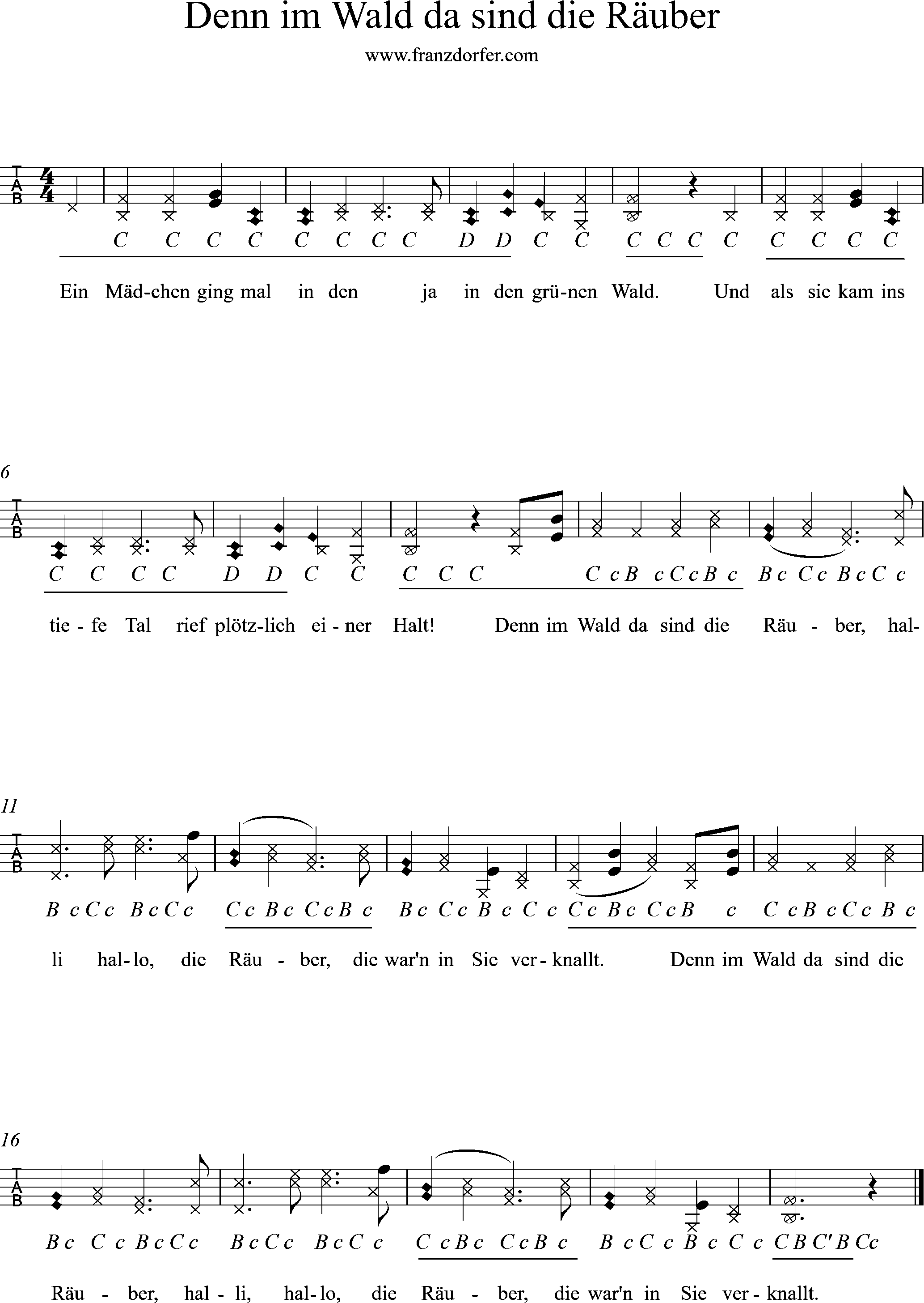 Griffschrift für Ziach, Steirische Harmonika, im wald griffschrift- denn im Wald da sind die Räuber